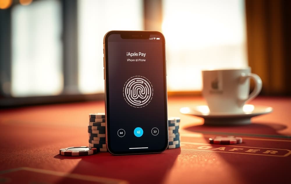 iPhone med Apple Pay Face ID-autentisering på et casino-bord med sjetonger