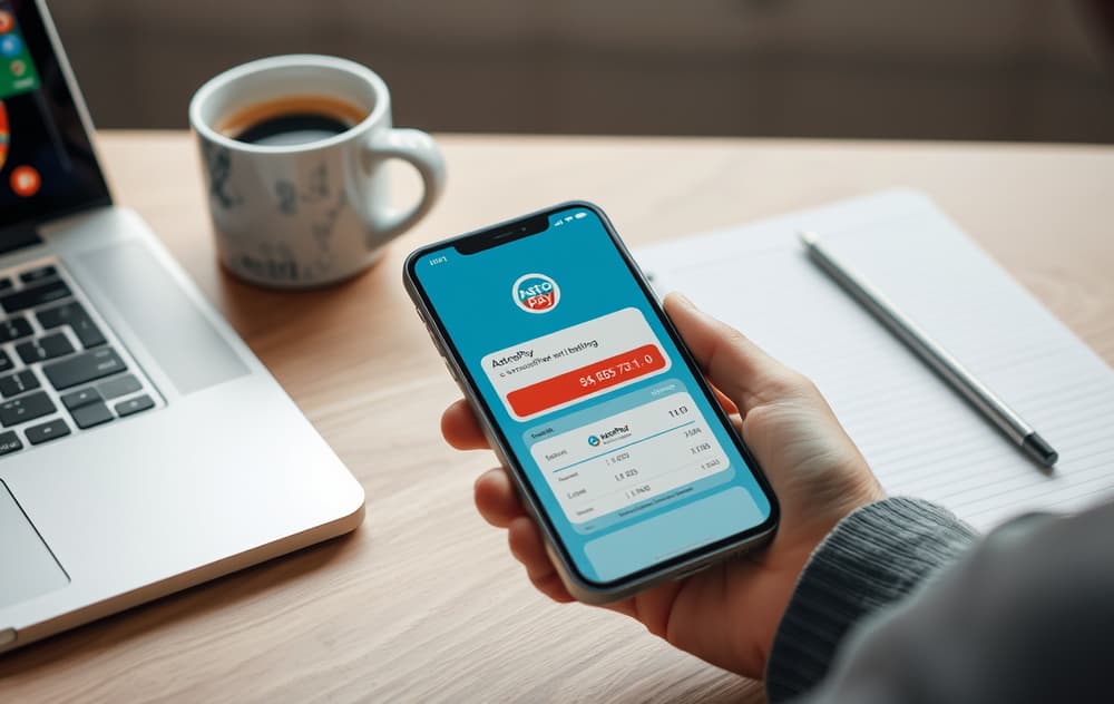 Mobiltelefon med AstroPay-app og laptop med casino-spill i bakgrunnen.