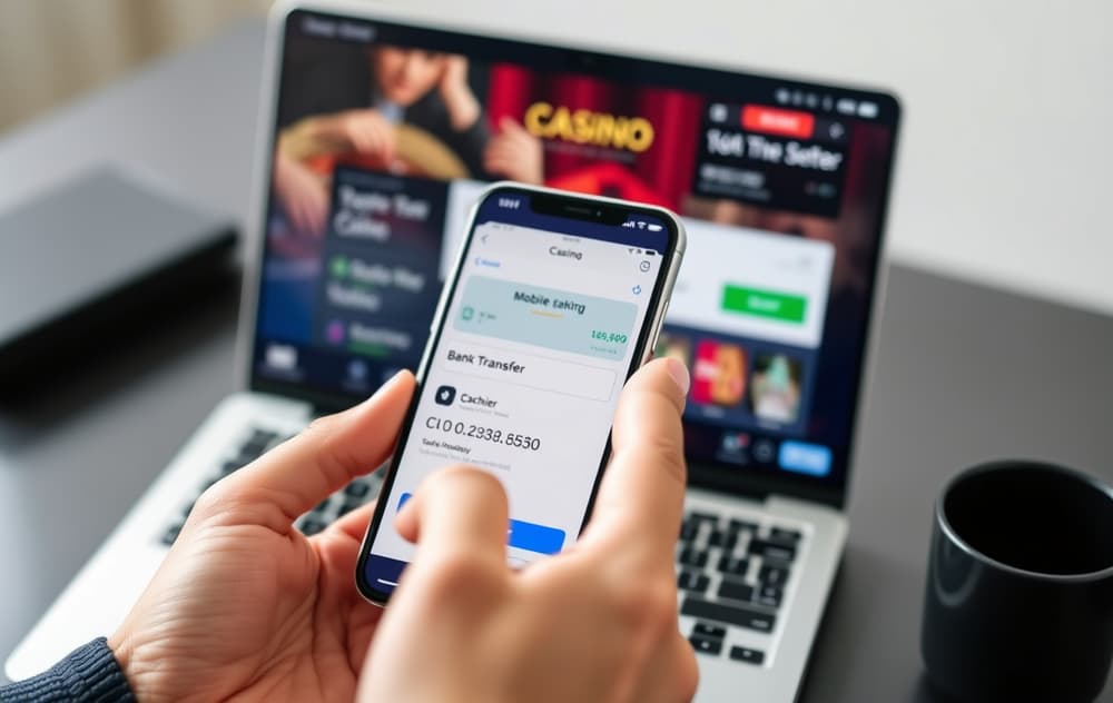 Person som overfører penger via mobilbank til et nettcasino med bankoverføring som valgt metode.