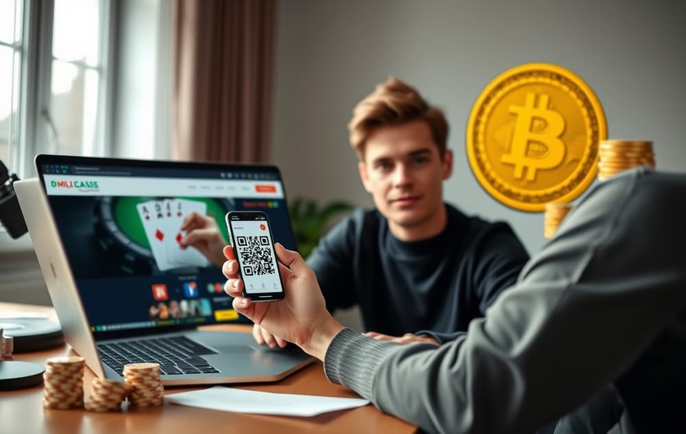 En person med smarttelefon som skanner en Bitcoin QR-kode på en casino-side