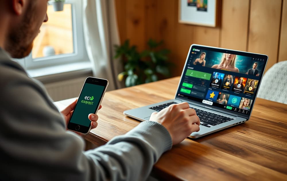 Norsk spiller benytter Ecopayz-appen på mobilen for innskudd på nettcasino, laptop i bakgrunnen.