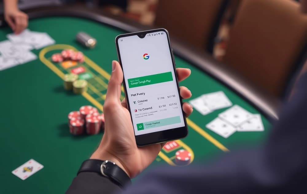Mobiltelefon med Google Pay klar for innskudd på nettcasino.