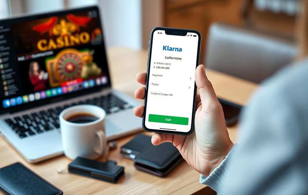 Person som bruker Klarna-appen på mobil for å betale på et nettcasino.