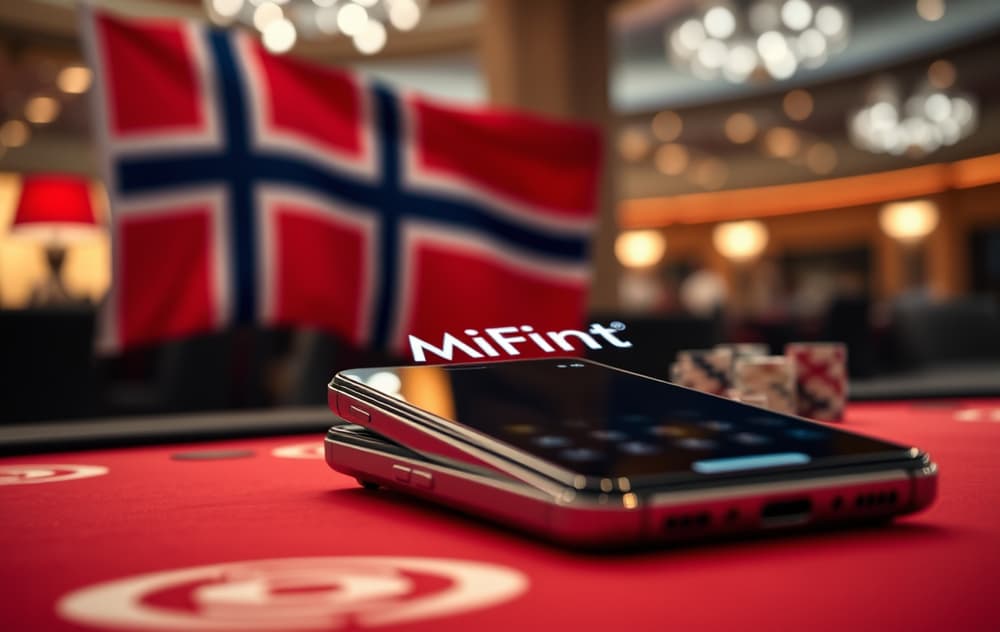 Smarttelefon med MiFinity-appen på et casinobord med norske elementer