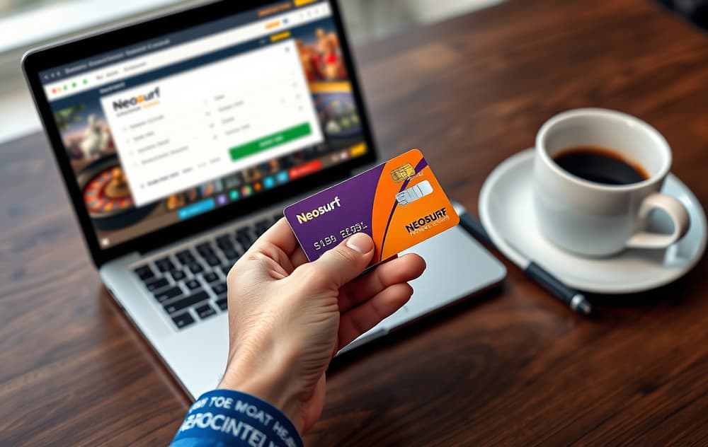 Hender som holder Neosurf-kort ved siden av laptop med casinoinnskudd.
