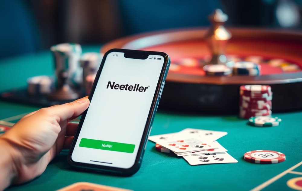 Smarttelefon med Neteller-app på et casino-bord med jetoner og kort.