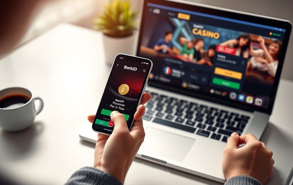 En person tar bilde av smarttelefon med BankID-appen, ved siden av en bærbar PC med casinoets kasse og Pay n Play valgt.