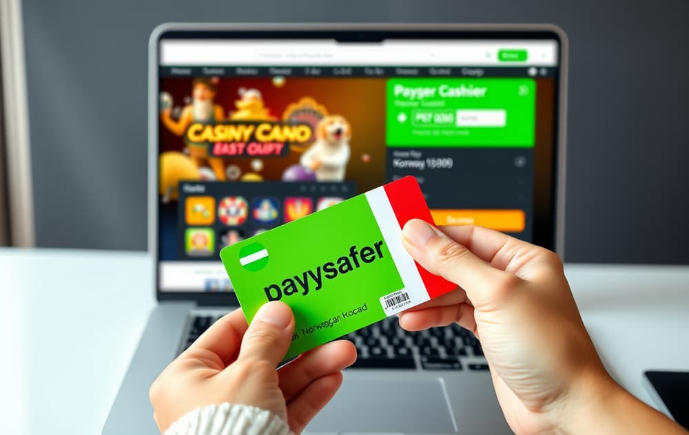 Person holder en Paysafecard-kupong foran en laptop med casino-kasse på skjermen
