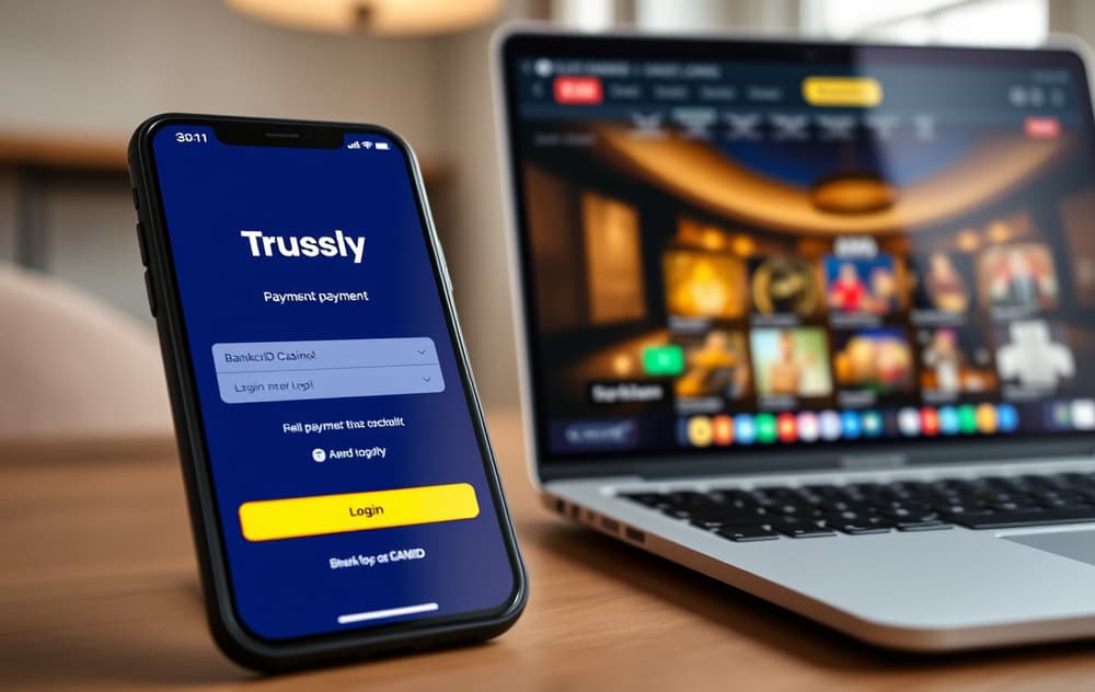 Smarttelefon med Trustly-betaling og BankID, ved siden av en bærbar PC med et casino i bakgrunnen.