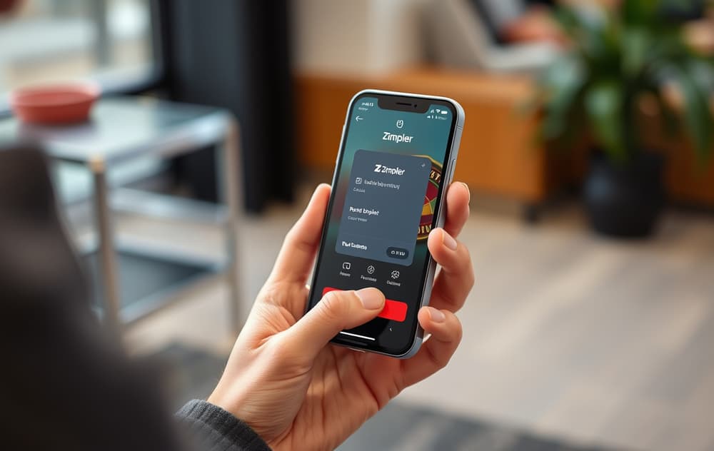Norsk spiller bekrefter Zimpler-betaling på mobilen med BankID foran et casino på skjermen.