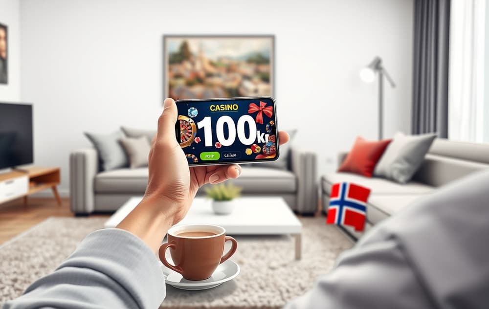 Norsk spiller med mobiltelefon som viser 100 kr gratis casino bonus
