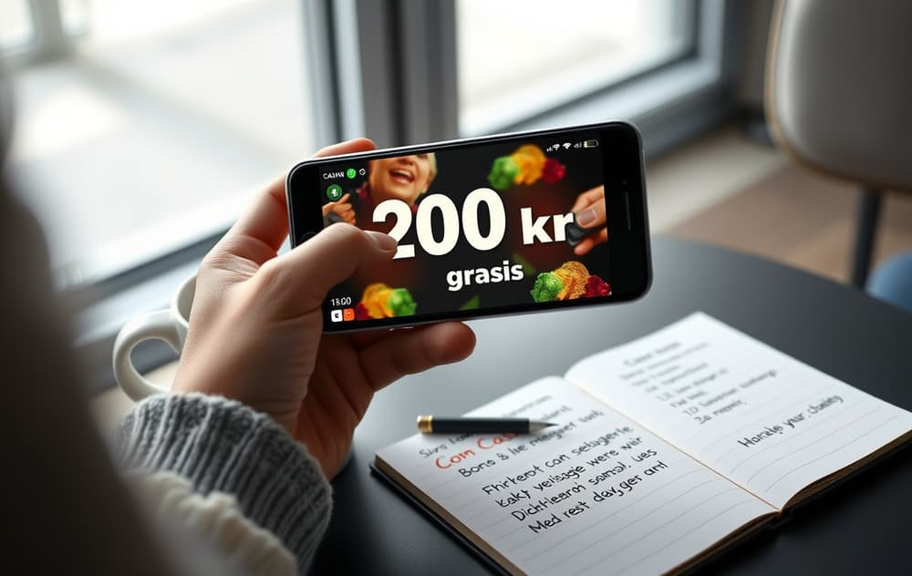 Norsk spiller med mobil som viser 200 kr gratis bonus, kaffekopp og notater om vilkår