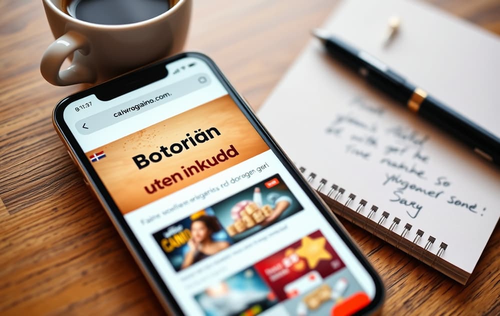 Smarttelefon med norsk casino-bonus uten innskudd, kaffekopp og notatbok