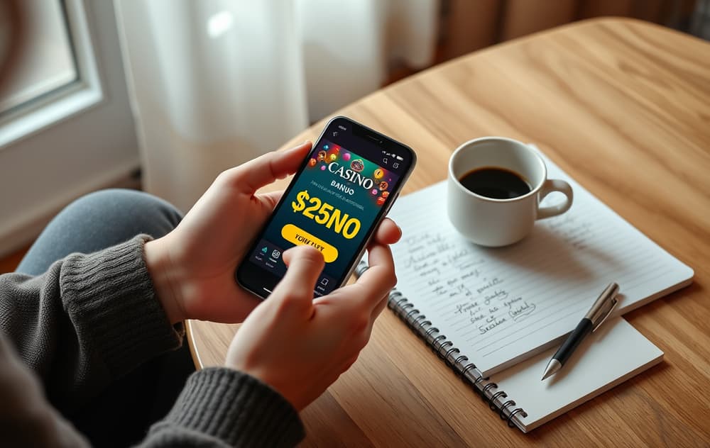 Person som leser casino bonusvilkår på mobiltelefon med notatbok ved siden av