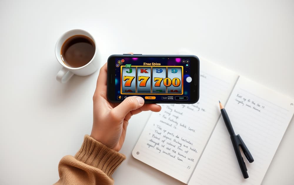 Person som leser bonusvilkår for freespins på mobilen, med notatblokk og kaffekopp.