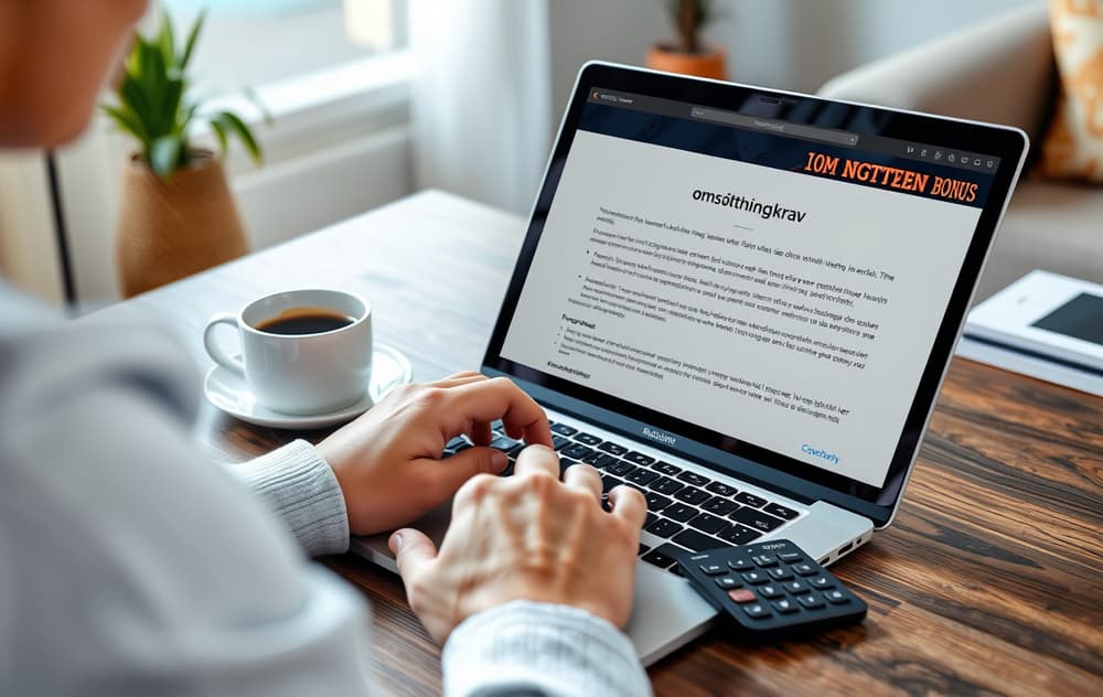 En person leser bonusvilkår på laptop med kalkulator og kaffekopp, illustrerer omsetningskrav.