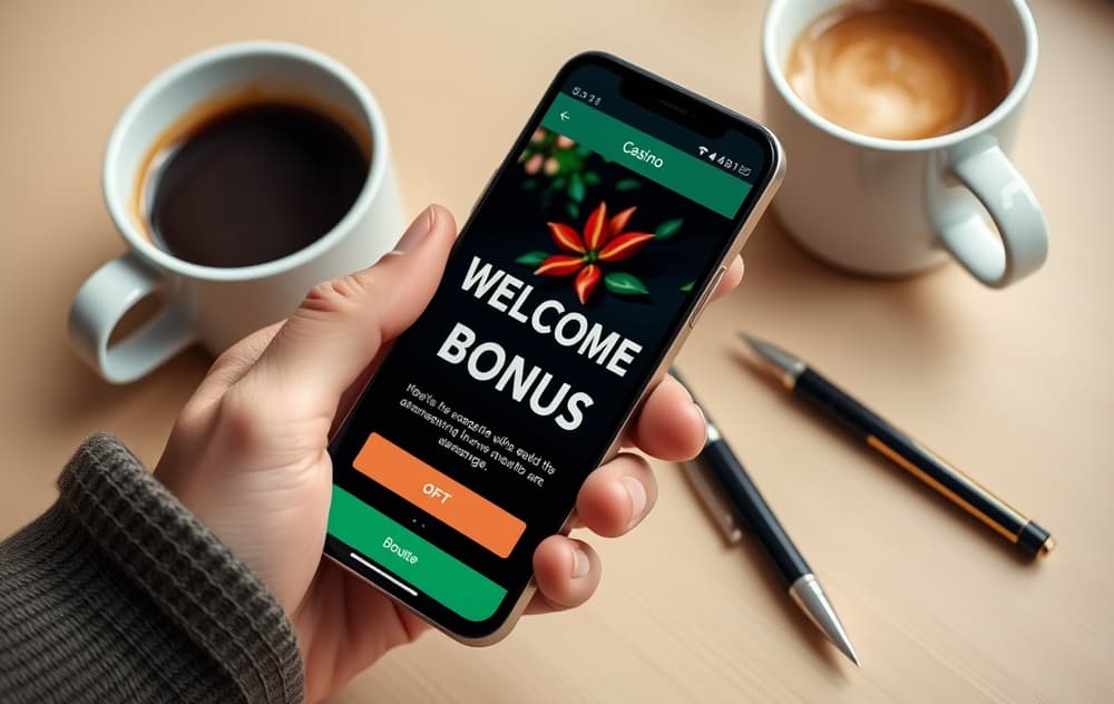 Person med smarttelefon som viser en velkomstbonus fra et nettcasino, med kaffekopp og penn på bordet