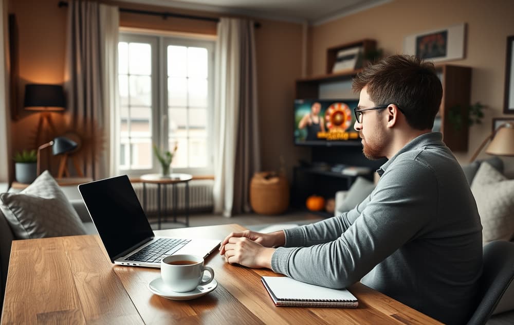 Person som undersøker et nettcasino på laptop i norsk stue