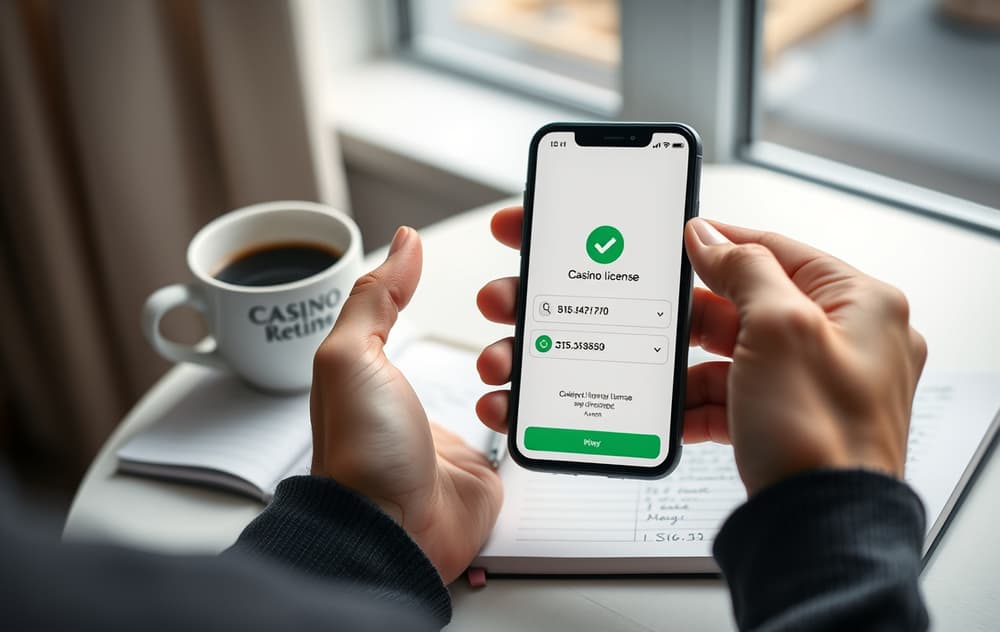 Person som sjekker casinolisens på mobiltelefon med notatblokk ved siden