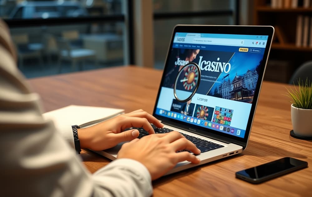 En person undersøker lisensinformasjonen på et nettcasino på en bærbar PC, med forstørrelsesglass symbol.