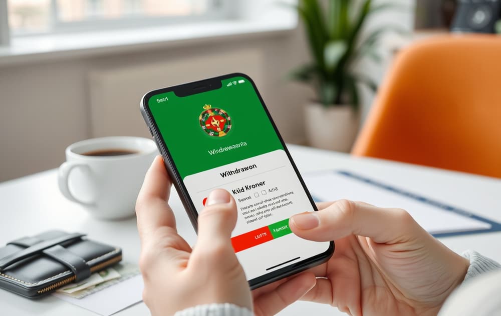 Person som holder en mobiltelefon med bekreftelse på casino uttak, ved siden av kaffekopp og lommebok med norske sedler