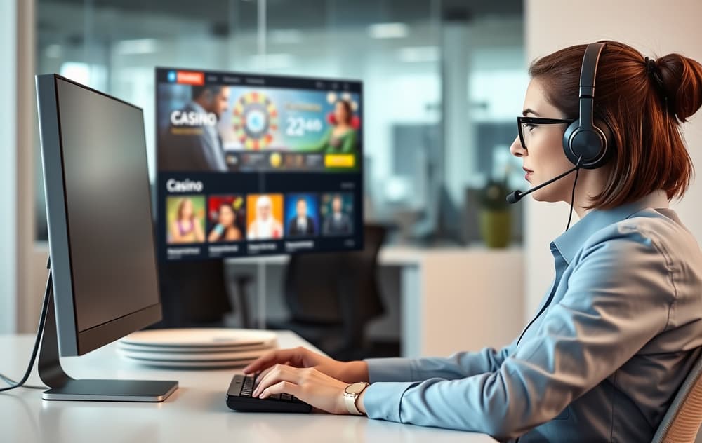 Kundeservicemedarbeider ved skrivebord med headset og dataskjerm med casino-side