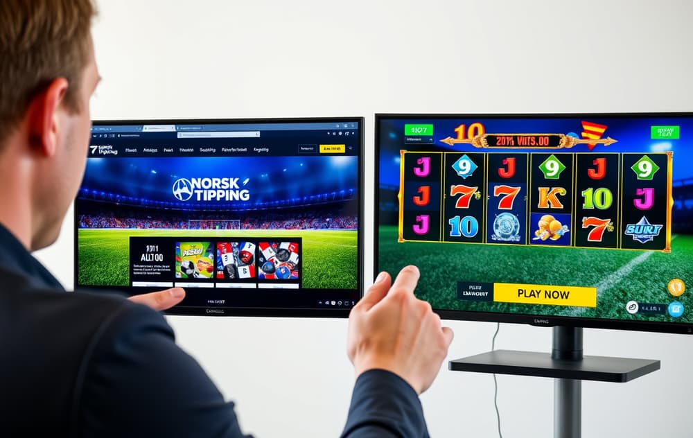 En person sammenligner Norsk Tipping og et nettcasino på to skjermer.