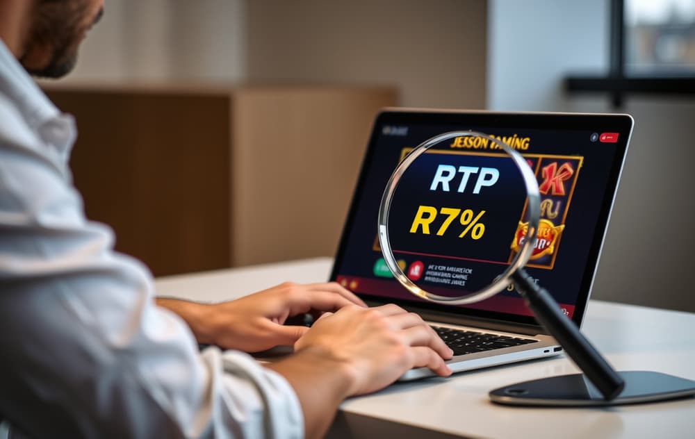 En person som sjekker RTP-prosenten på et spilleautomat via en laptop, med forstørrelsesglass over skjermen.