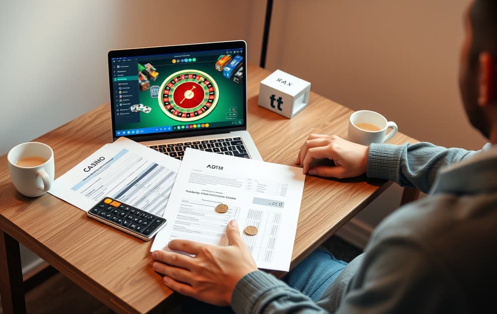 Norsk spiller med laptop, kalkulator og skatteskjema – illustrasjon av skatteplikt på casino-gevinster.