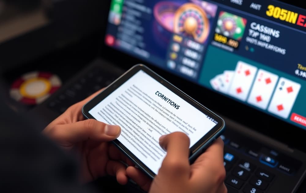En person leser vilkår på en mobiltelefon, med et casino-grensesnitt i bakgrunnen.