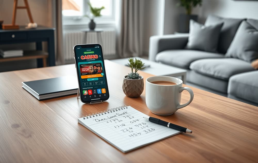 Moderne skrivebord med mobil som viser en casino-app, kaffekopp, notatblokk og plante – trygg og avslappet stemning.