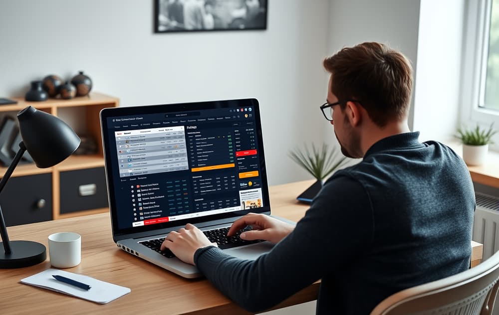 Person som sammenligner odds på flere bettingsider på en bærbar PC