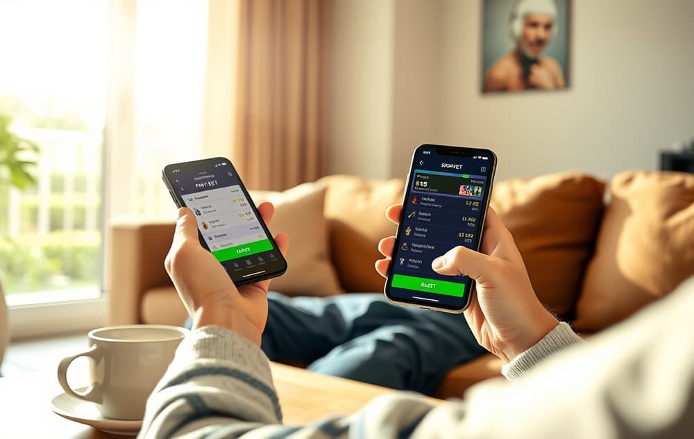 Person som sitter i stue og spiller på en bettingside på mobilen, med fotballodds synlig.
