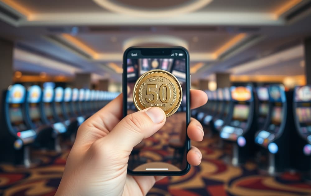 Hånd som holder en 50-kronersmynt over en mobiltelefon med casinospill