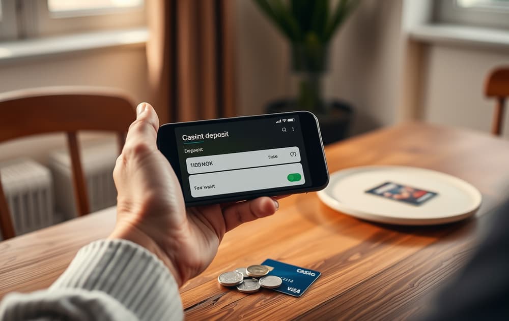Person med mobil som viser casino med lavt innskudd, mynter og bankkort på bordet