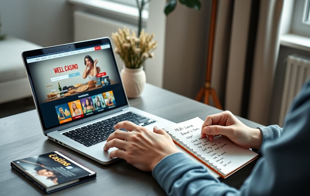Person som sammenligner casinoer på laptop med notater om lisens og bonusvilkår.