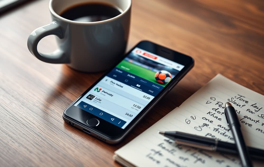 Smarttelefon med fotballodds-app og notatblokk