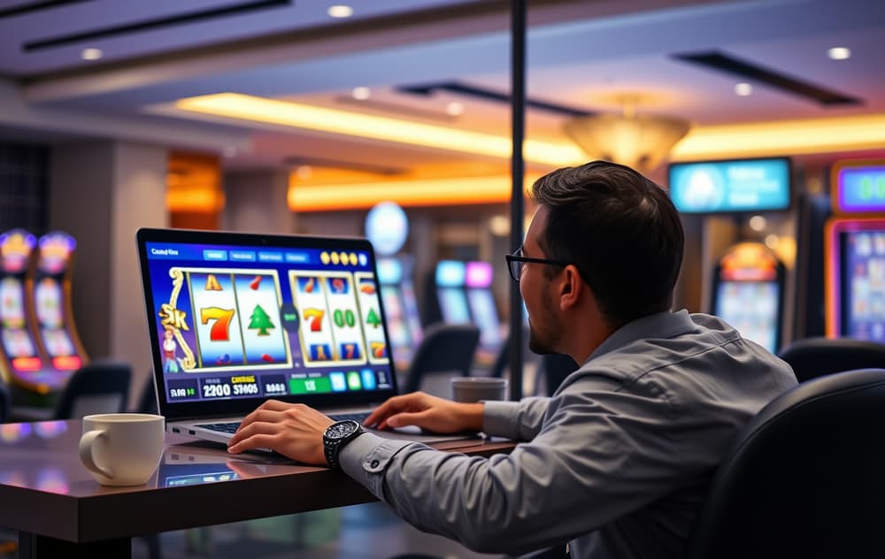 Person som spiller gratisspinn på spilleautomat via laptop, med kaffekopp og moderne casino-innredning.