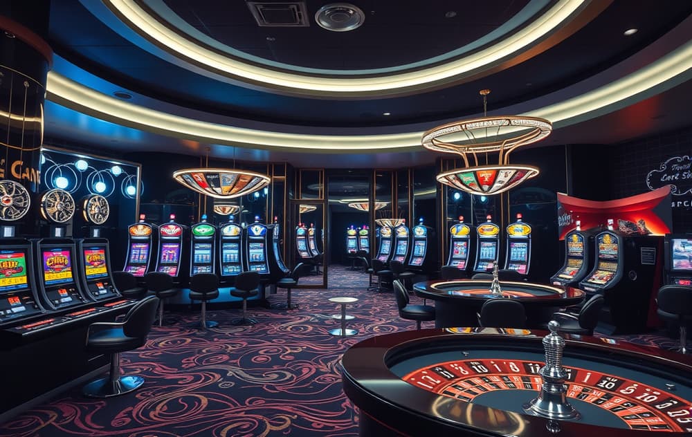 Highroller casino VIP-område med spilleautomater og rulettbord