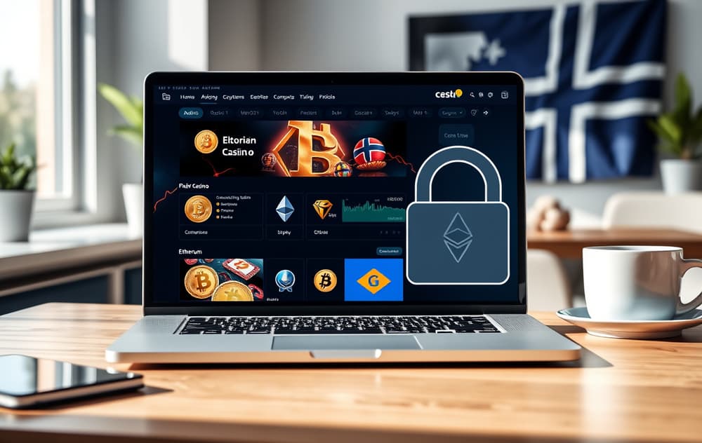 Kryptocasino på laptop med Bitcoin og Ethereum symboler, norsk flagg i bakgrunnen