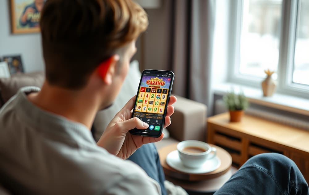Person som spiller mobilcasino i en norsk stue med kaffekopp