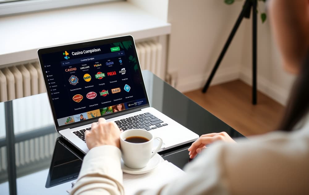 En person som sammenligner casinoer på en bærbar PC