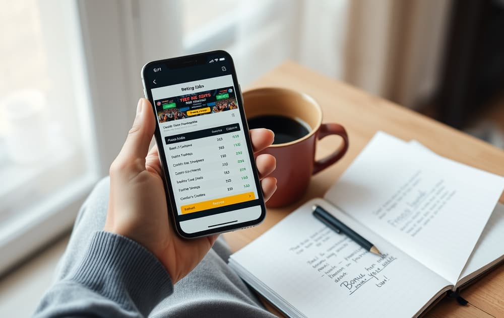 Person som sammenligner oddsbonuser på mobil med notater om vilkår.