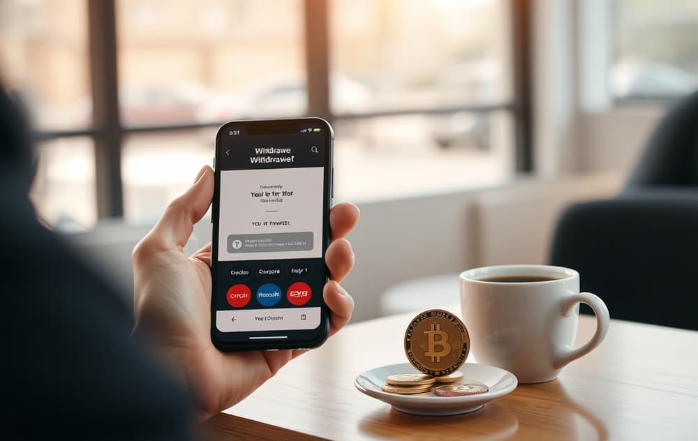 Person som holder mobil med uttaksbekreftelse, krypto- og e-lommebok-ikoner, ved siden av en kasinochip.