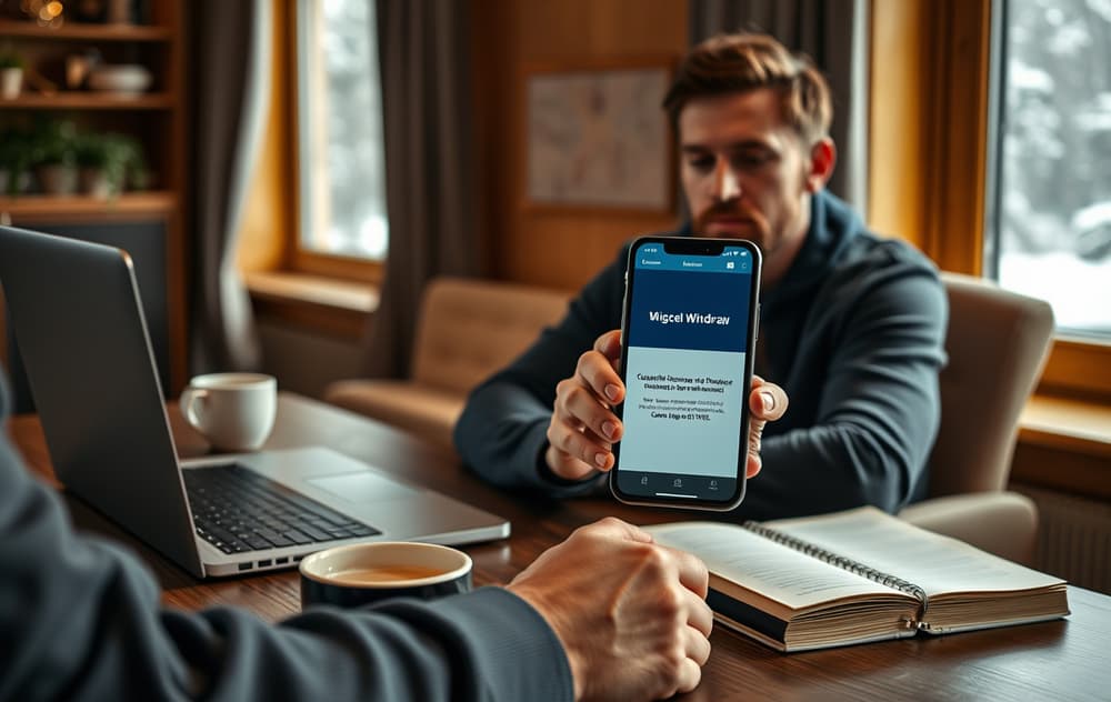 En person sjekker uttaksbekreftelse på mobilen, med notater om casinovilkår på bordet.