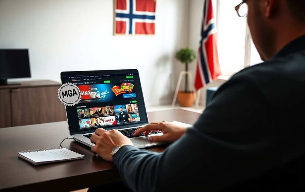 En person sammenligner utenlandske casino på en bærbar PC, med MGA-lisens synlig på skjermen