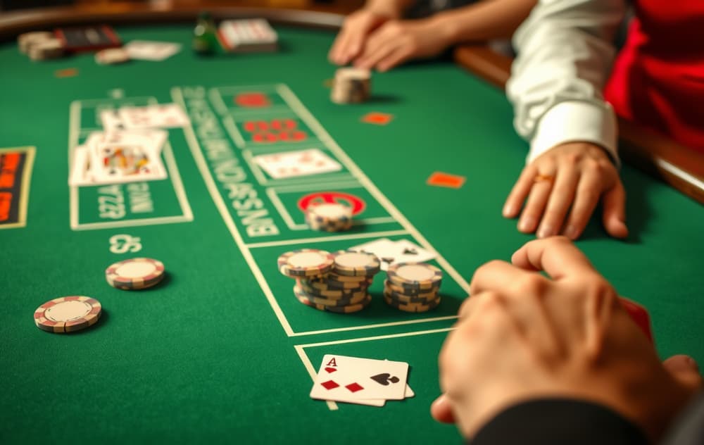 Baccarat-bord med kort og sjetonger, grønt bordteppe, myk casino-belysning.