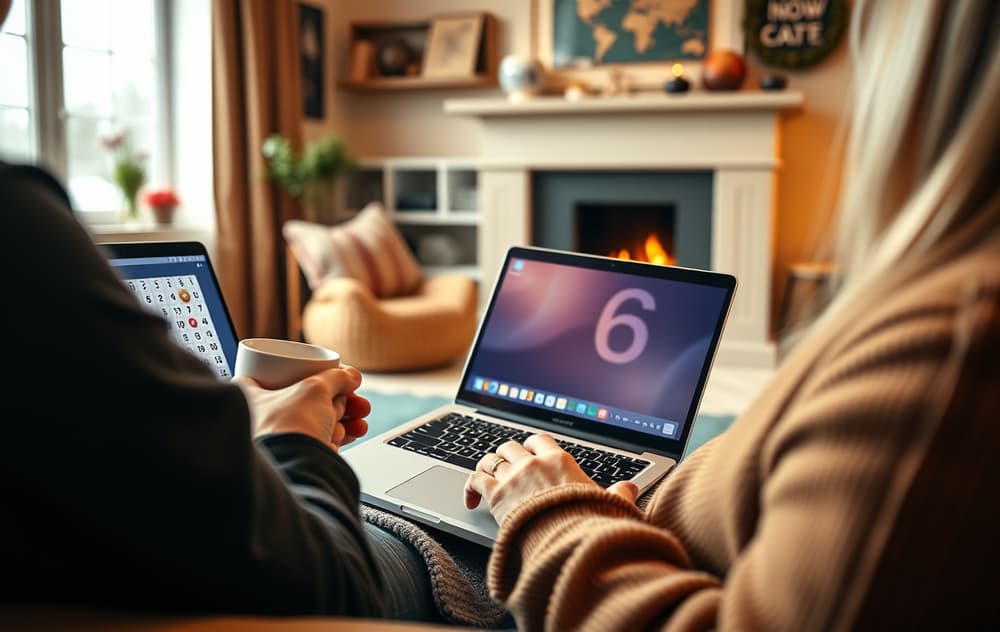Person som spiller bingo på nett i stuen med kaffekopp og laptop