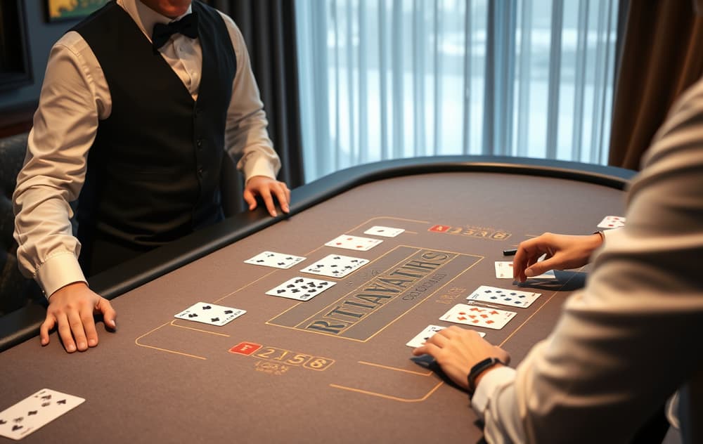 Blackjack-bord med dealer og spiller, grønt bord og sjetonger