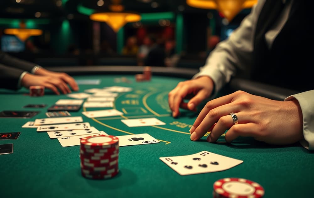 Live dealer blackjack-bord med kort og sjetonger